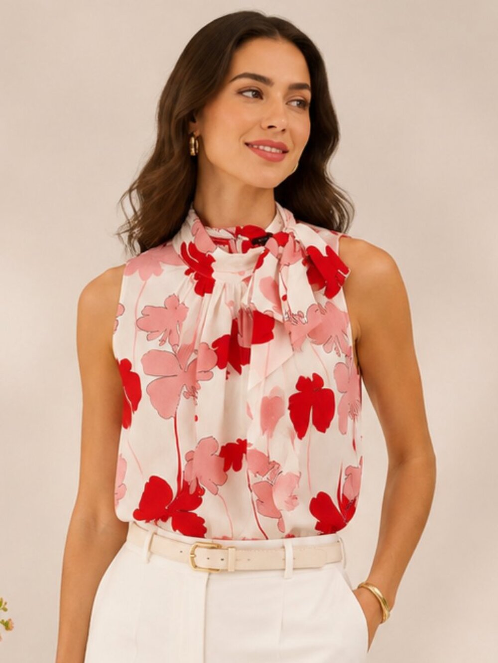 Ann Taylor Factory Floral Tie Neck Halter Blouse Winter White Red Pink M NWOT